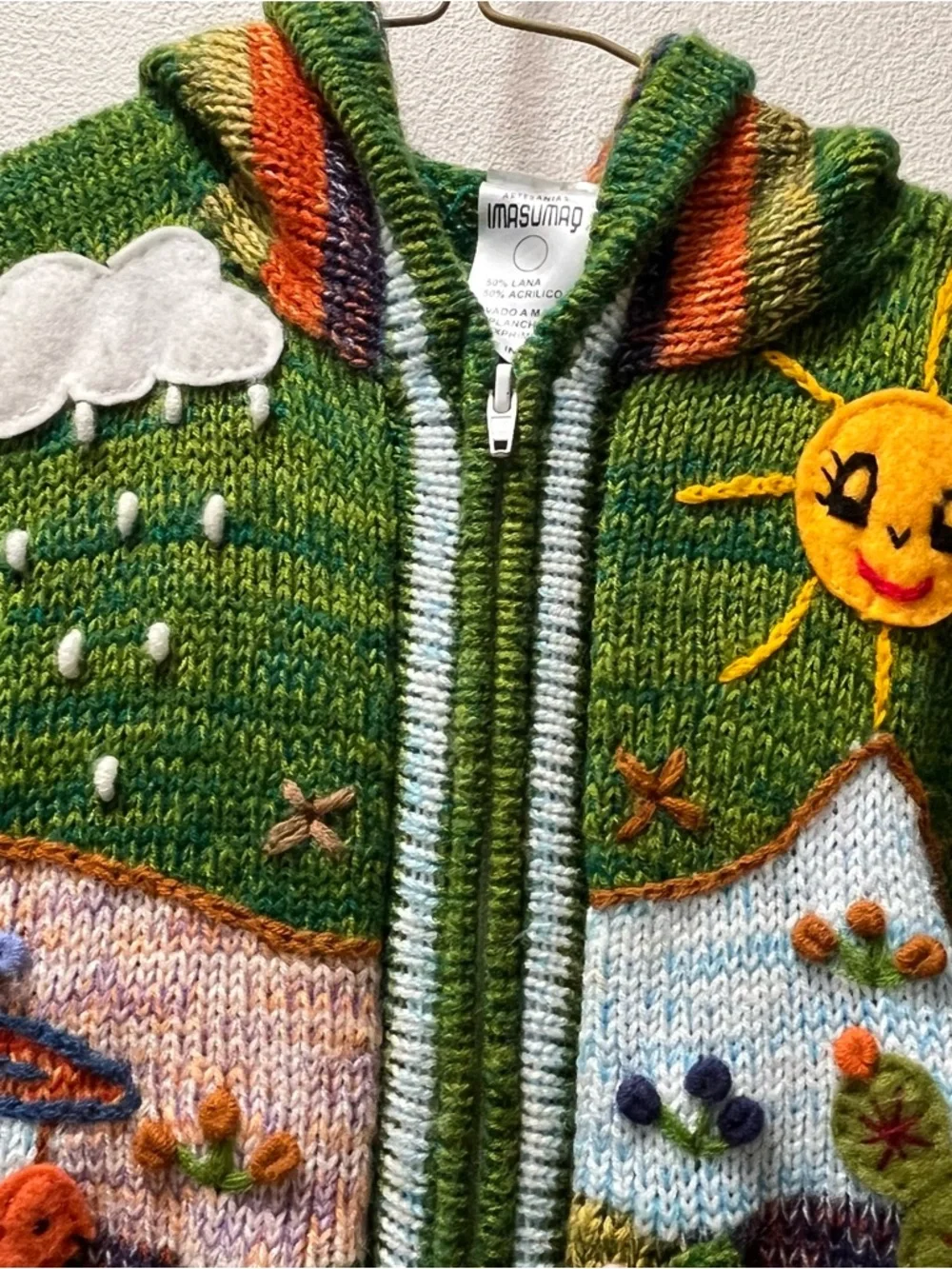 Artisan Full Zip Kid's Eclectic Hooded Sweater With Appliqued, Embroidered, 3-4T